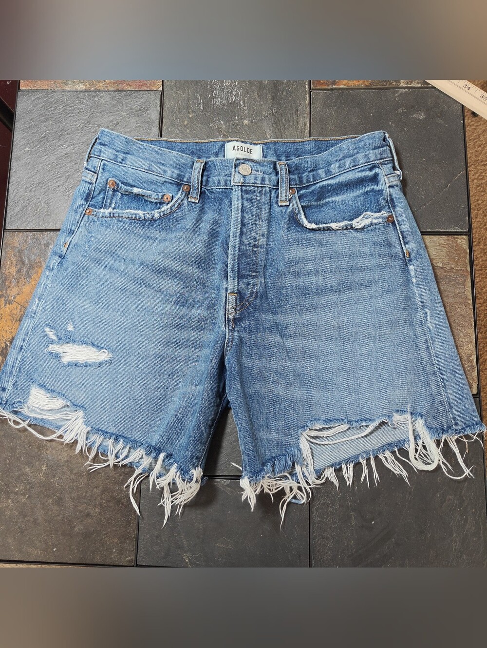 AGOLDE Parker High Rise Distressed Denim Shorts Light Wash Blue Size 28